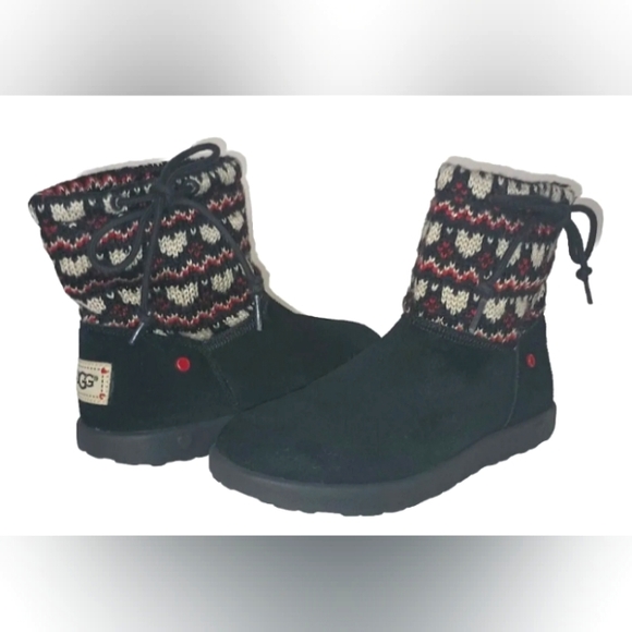UGG 3 US Girl's I Heart Knotty Fair Isle Slouch Boots Black Suede Shearling - Picture 1 of 11